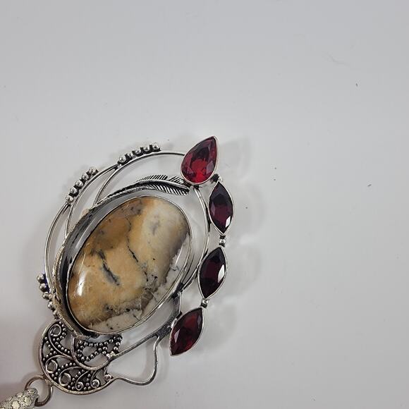 Handmade Silver Pendant – Picture Jasper & Garnet + 20" Silver Snake Chain - Picture 5 of 10